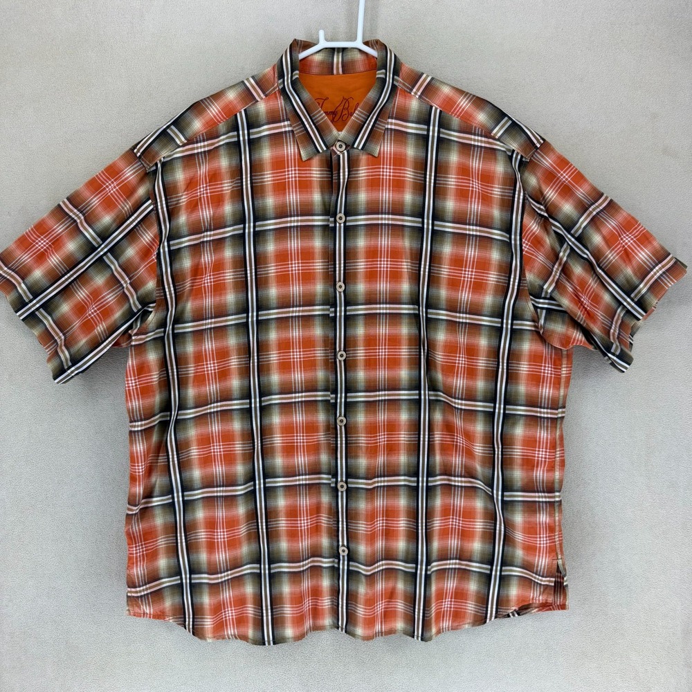 Tommy Bahama Mens XXL Short Sleeve Plaid Button Up Shirt Orange Brown White